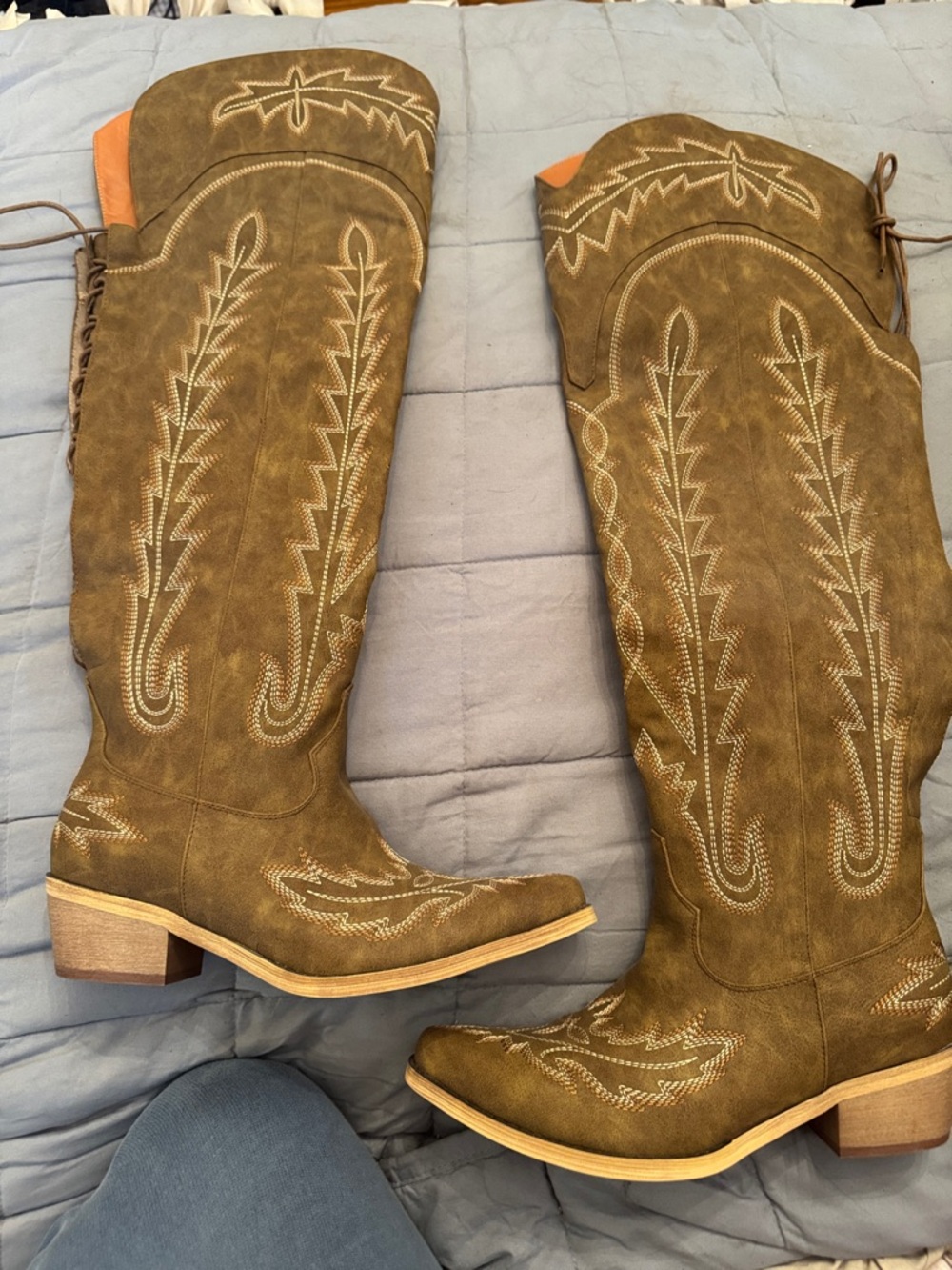 Olive Suede Embroidered Western Knee-High Boots
